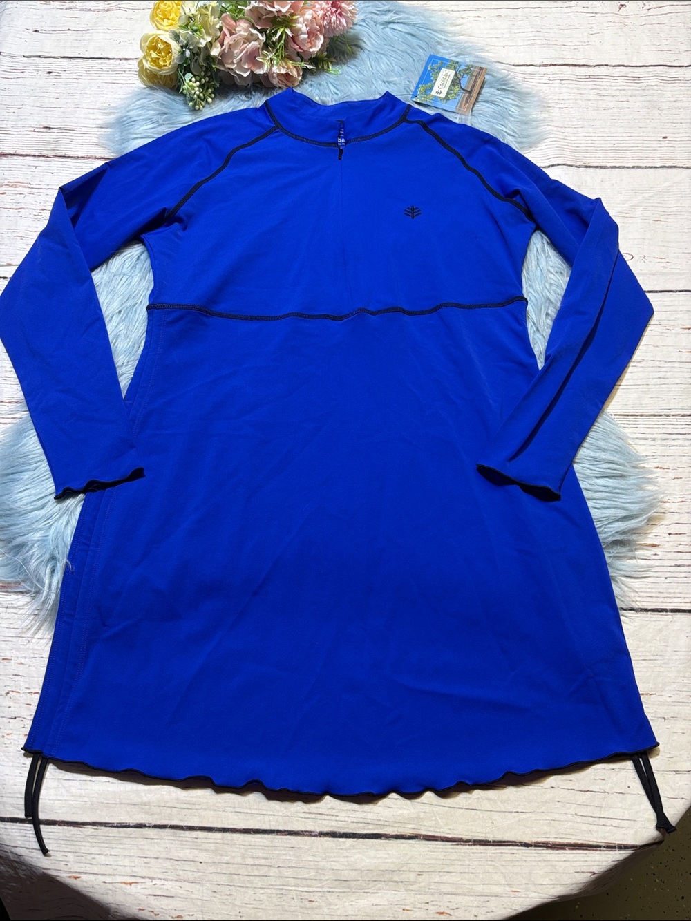 NWT Coolibar Lawai Ruche Swim Shirt UPF 50+ Baja Blue sz M
